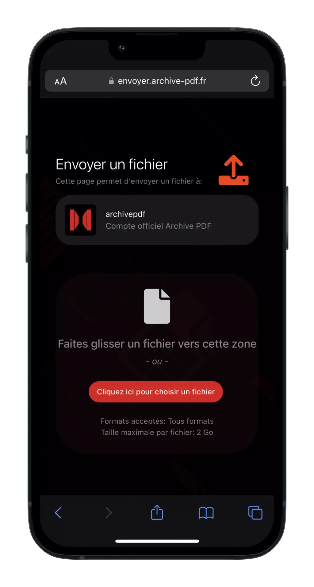 Recevoir des fichiers - Capture d'écran du service de réception de documents par Archive PDF